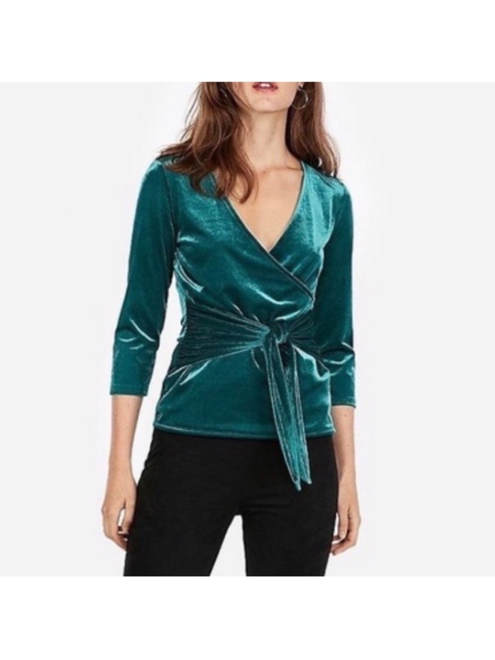 🆕 Express Stretch Velvet Wrap Tie-Front Top in Teal Green